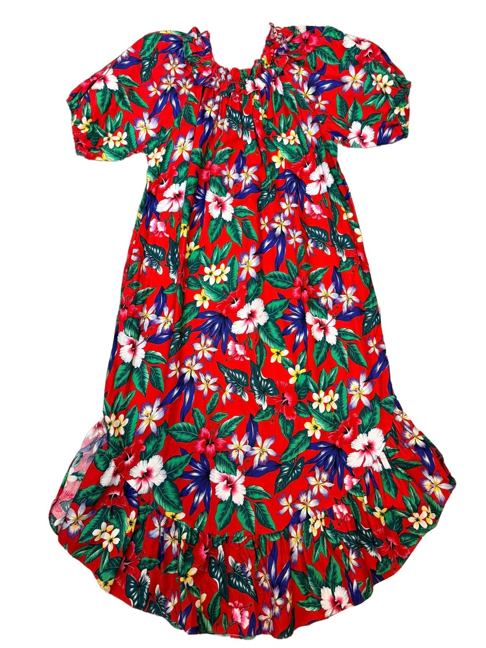Vintage Muumuu Lee Fashions Hawaiian Long Dress Large Red Curved Ruffle Maxi